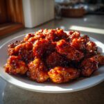 Close-up of crispy, glazed pieces of Very Affordable Sweet Chili Chicken piled high on a white plate.