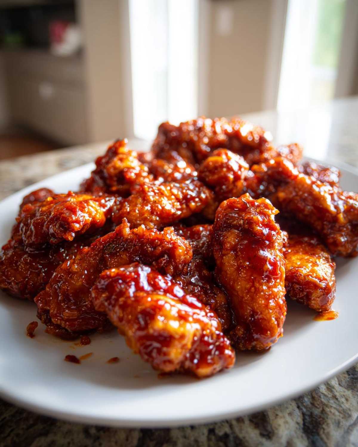 Close-up of crispy chicken wings heavily coated in a glossy, dark red Very Affordable Sweet Chili Chicken sauce, served on a white plate.