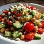 Close-up of a fresh bean salad featuring chickpeas, cherry tomatoes, cucumber chunks, and crumbled feta cheese.