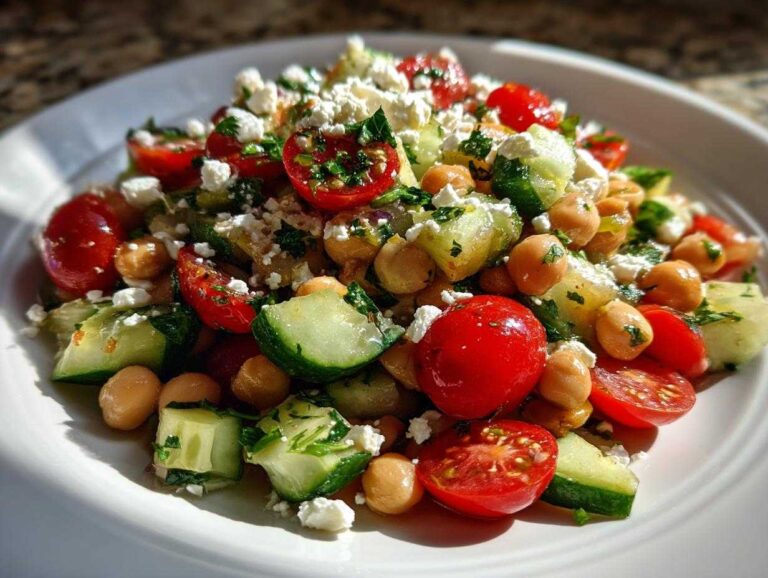 Close-up of a fresh bean salad featuring chickpeas, cherry tomatoes, cucumber chunks, and crumbled feta cheese.