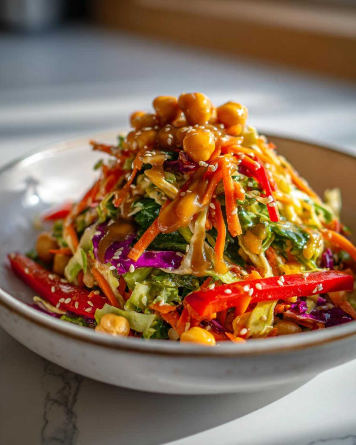 Close-up of a vibrant Asian Chickpea Slaw featuring shredded cabbage, carrots, red peppers, and chickpeas topped with sesame seeds.
