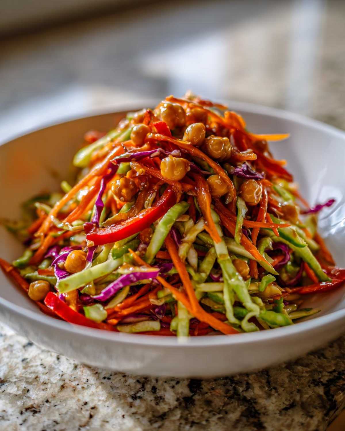 Close-up of a vibrant Asian Chickpea Slaw featuring shredded carrots, cucumbers, red cabbage, and chickpeas coated in dressing.