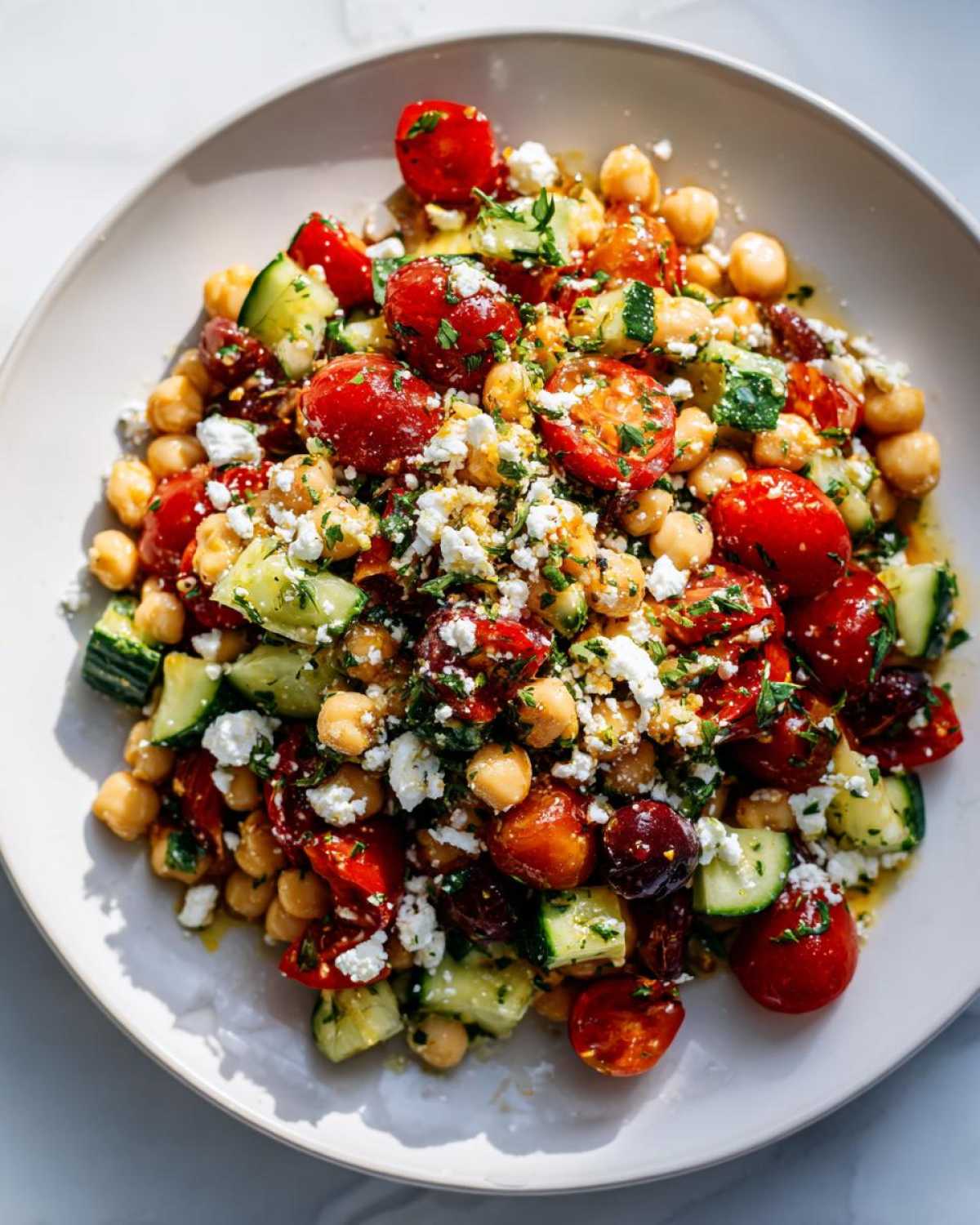 Close-up of a bright, fresh bean salad featuring chickpeas, halved cherry tomatoes, cucumber, and crumbled feta cheese.