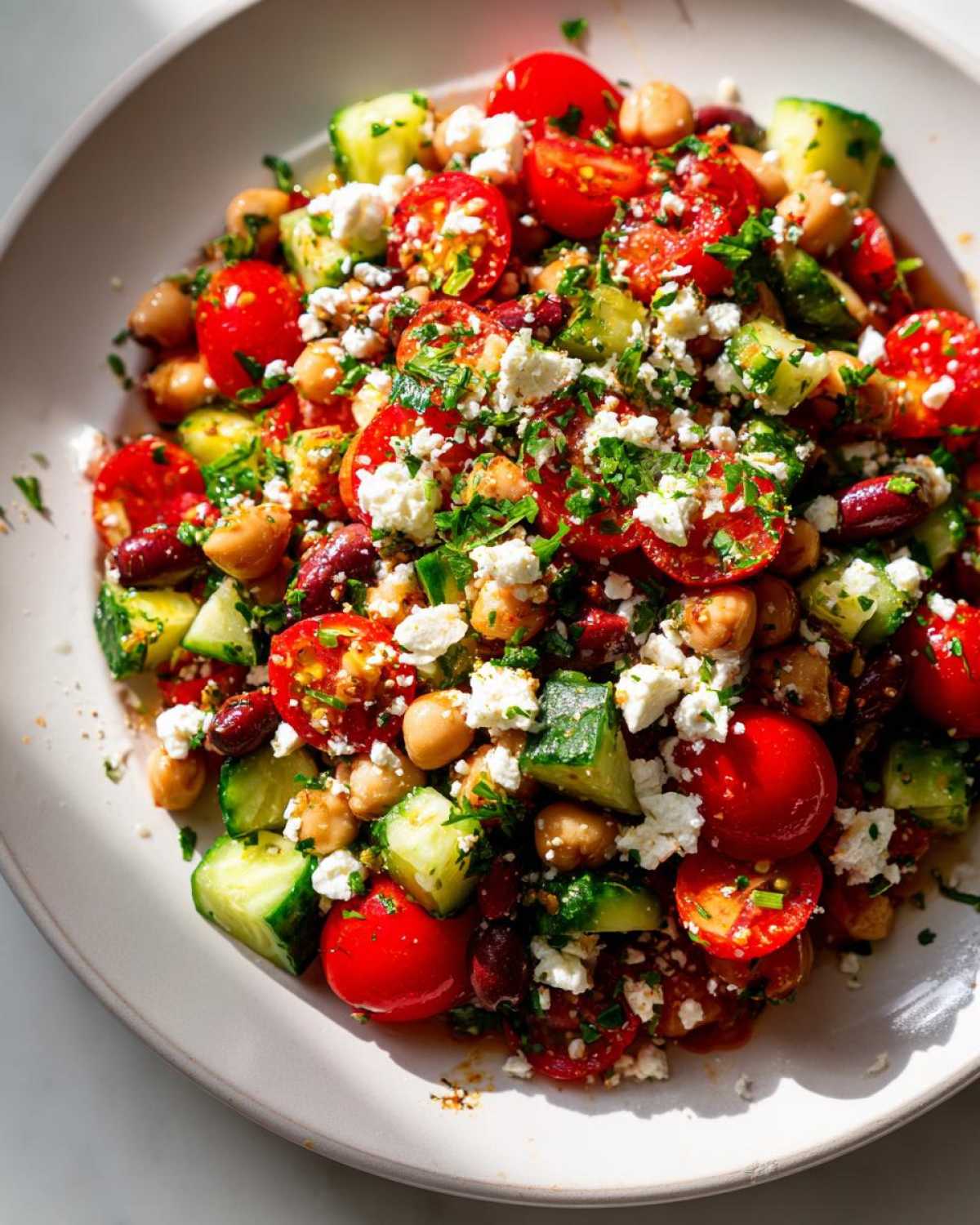 Close-up overhead view of a fresh bean salad featuring chickpeas, kidney beans, cherry tomatoes, cucumbers, and crumbled feta cheese.