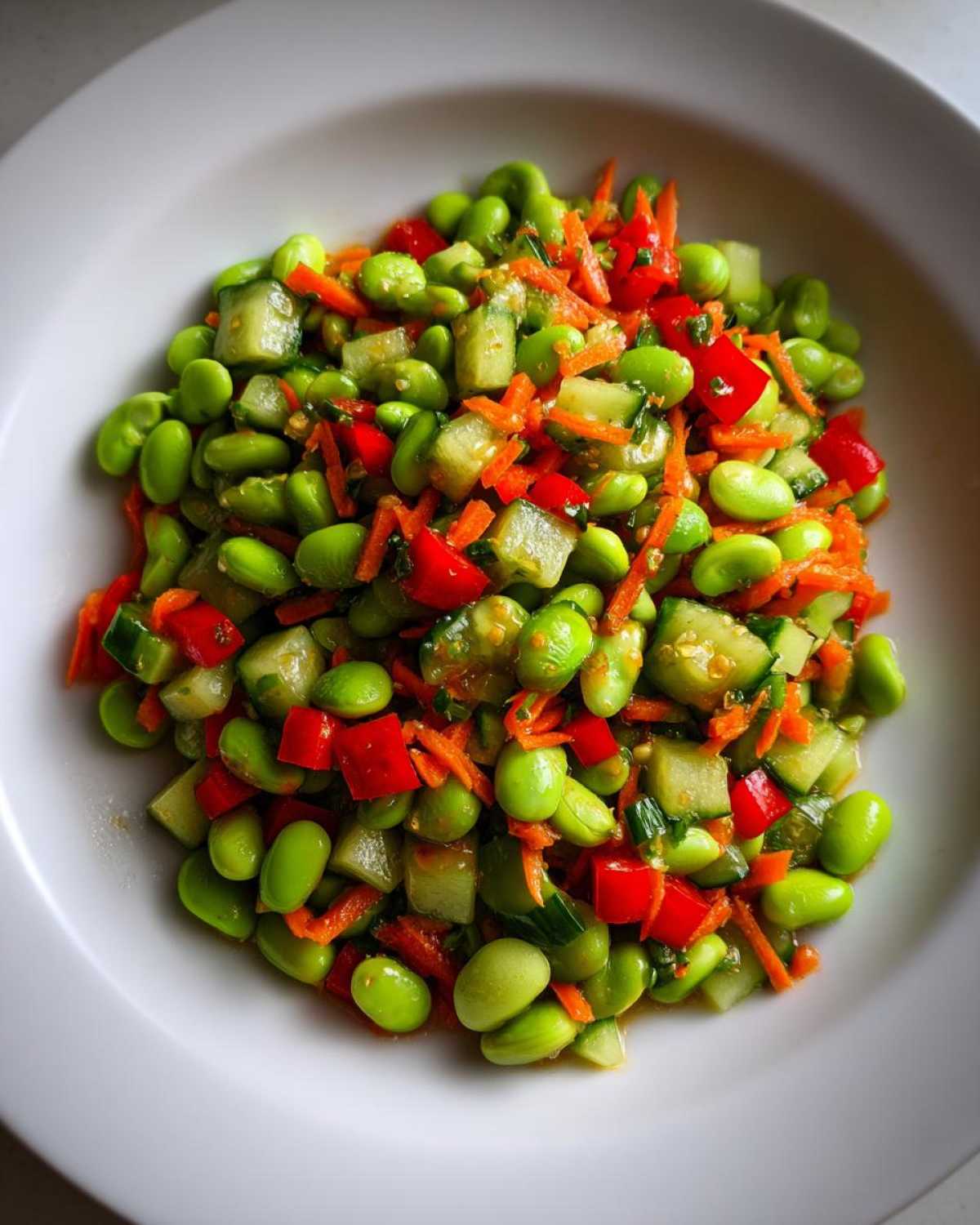 Close-up of a bright green edamame salad mixed with diced cucumber, shredded carrots, and red bell pepper.