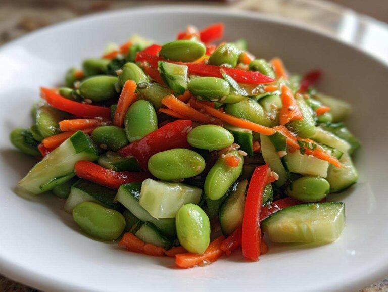 Amazing 15-Minute Edamame Salad Power Close-up of a bright, fresh edamame salad featuring shelled edamame, sliced cucumber, julienned carrots, and red bell pepper.
