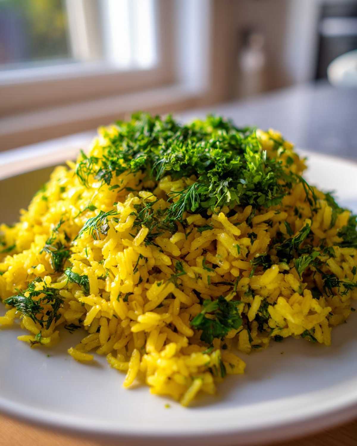 A mound of vibrant yellow mediterranean rice topped generously with fresh chopped parsley and dill.