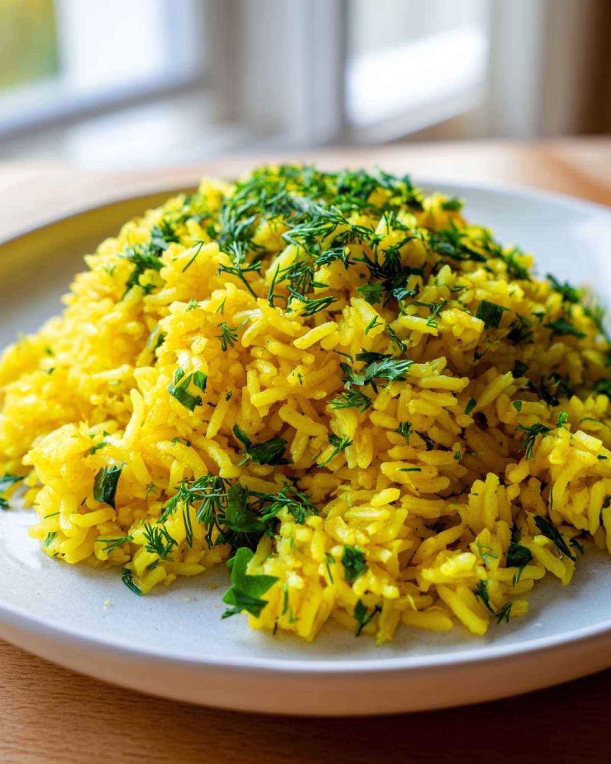 Close-up of vibrant yellow mediterranean rice topped generously with fresh chopped dill and parsley.