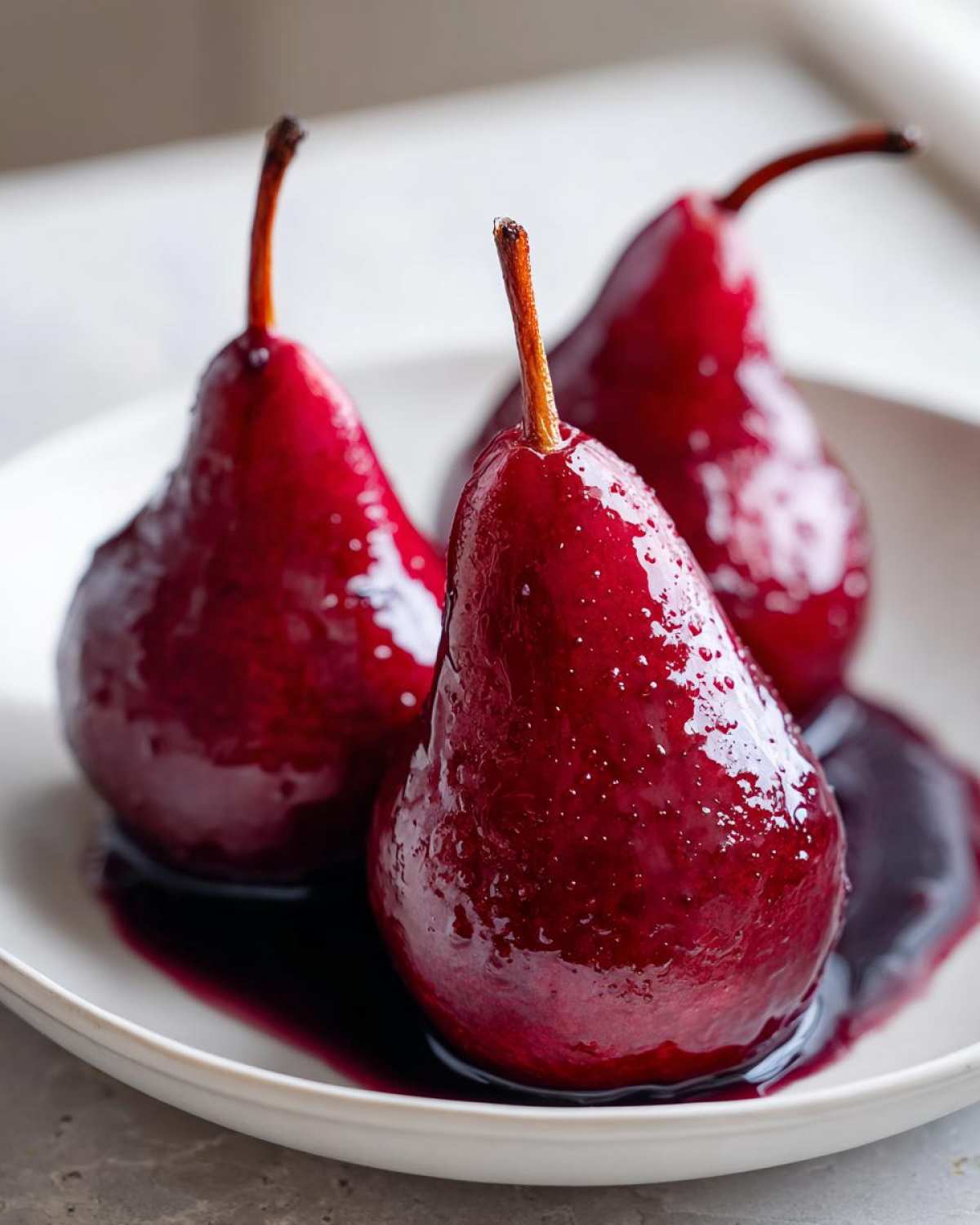 Three glistening, deep red poached pears served on a white plate with a pool of dark syrup.