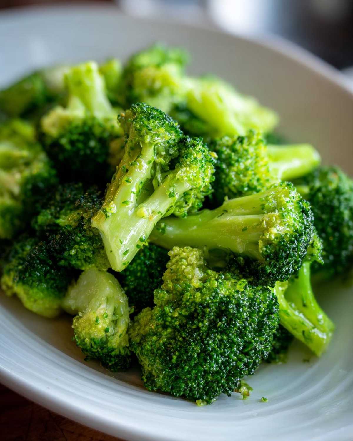 Close-up of bright green, tender steamed broccoli florets served in a light-colored bowl.