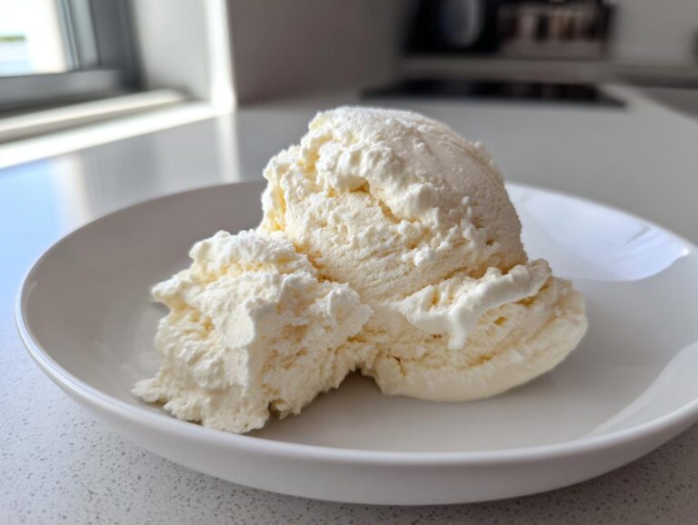 Two scoops of creamy, pale yellow cottage cheese ice cream served in a white bowl.