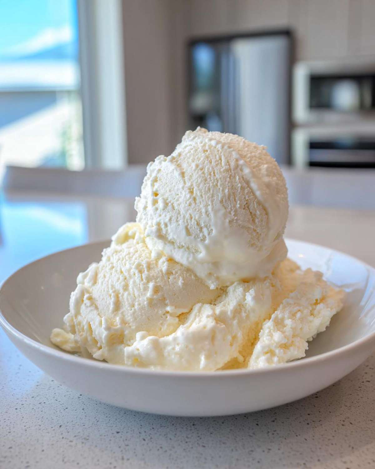 Two scoops of creamy white cottage cheese ice cream served in a white bowl on a light countertop.