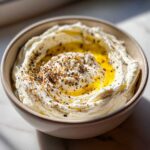 Close-up of creamy whipped feta dip swirled in a bowl, topped with olive oil and everything bagel seasoning.