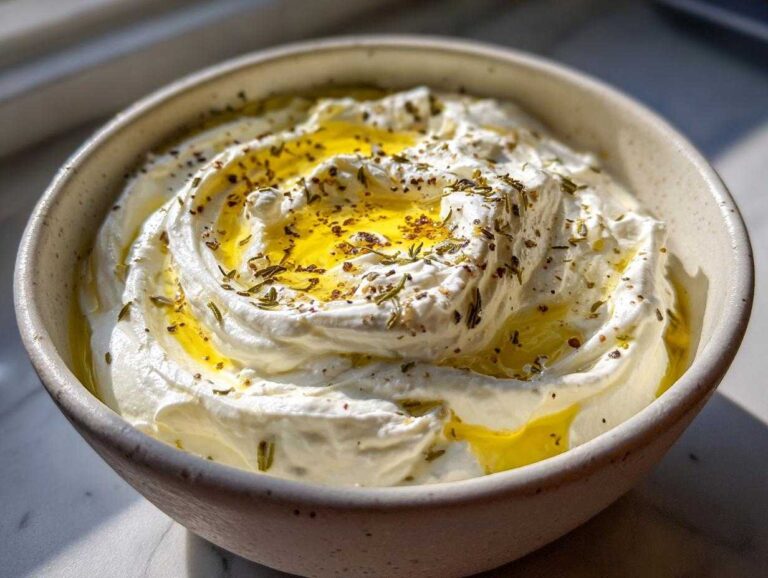 A close-up of creamy whipped feta dip swirled in a bowl, drizzled generously with golden olive oil and sprinkled with dried herbs.