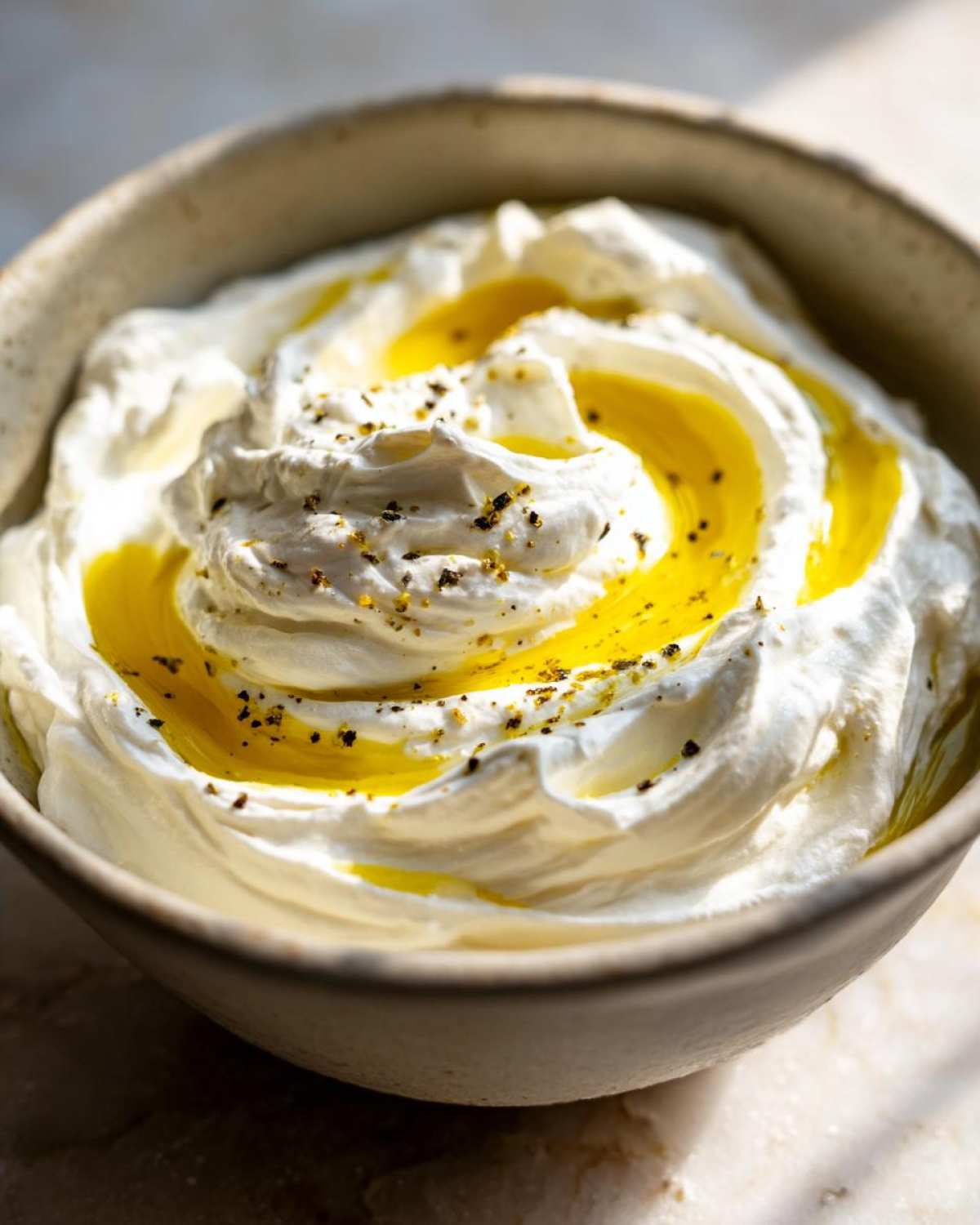 Close-up of creamy whipped feta dip topped with a swirl of golden olive oil and cracked black pepper.