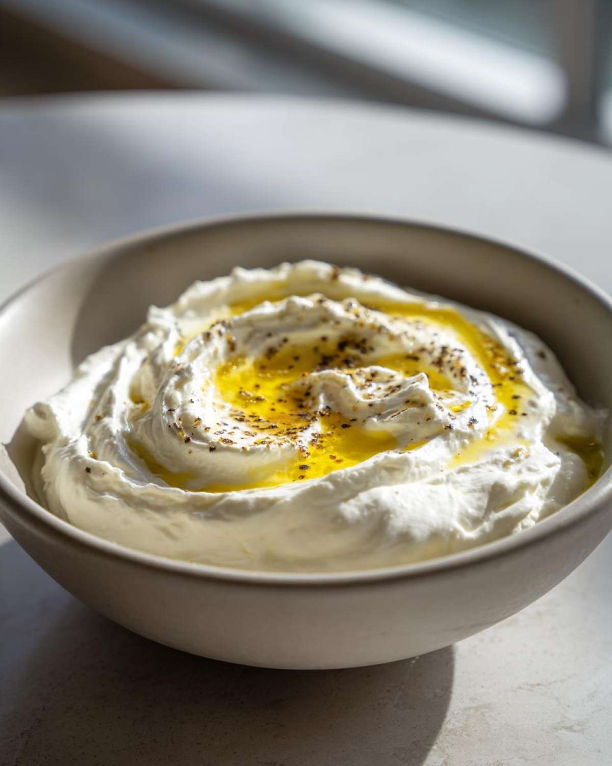 Close-up of a bowl of creamy whipped feta dip, swirled and topped with olive oil and cracked black pepper.