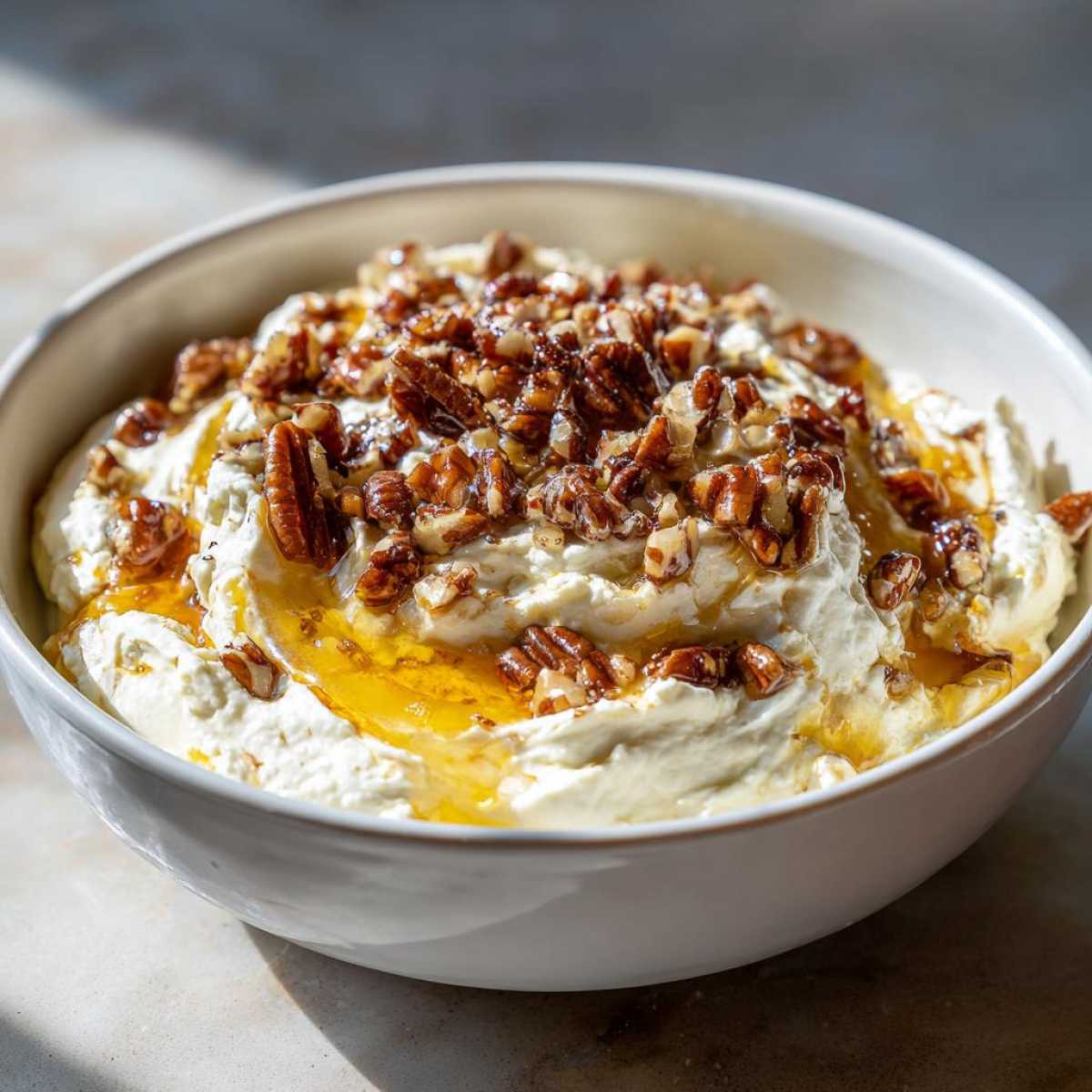 A bowl of creamy whipped goat cheese topped with candied walnuts and a drizzle of golden honey.