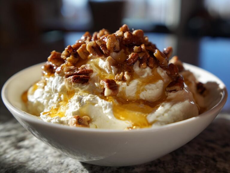 A bowl of creamy whipped goat cheese topped with honey drizzle and candied pecans.