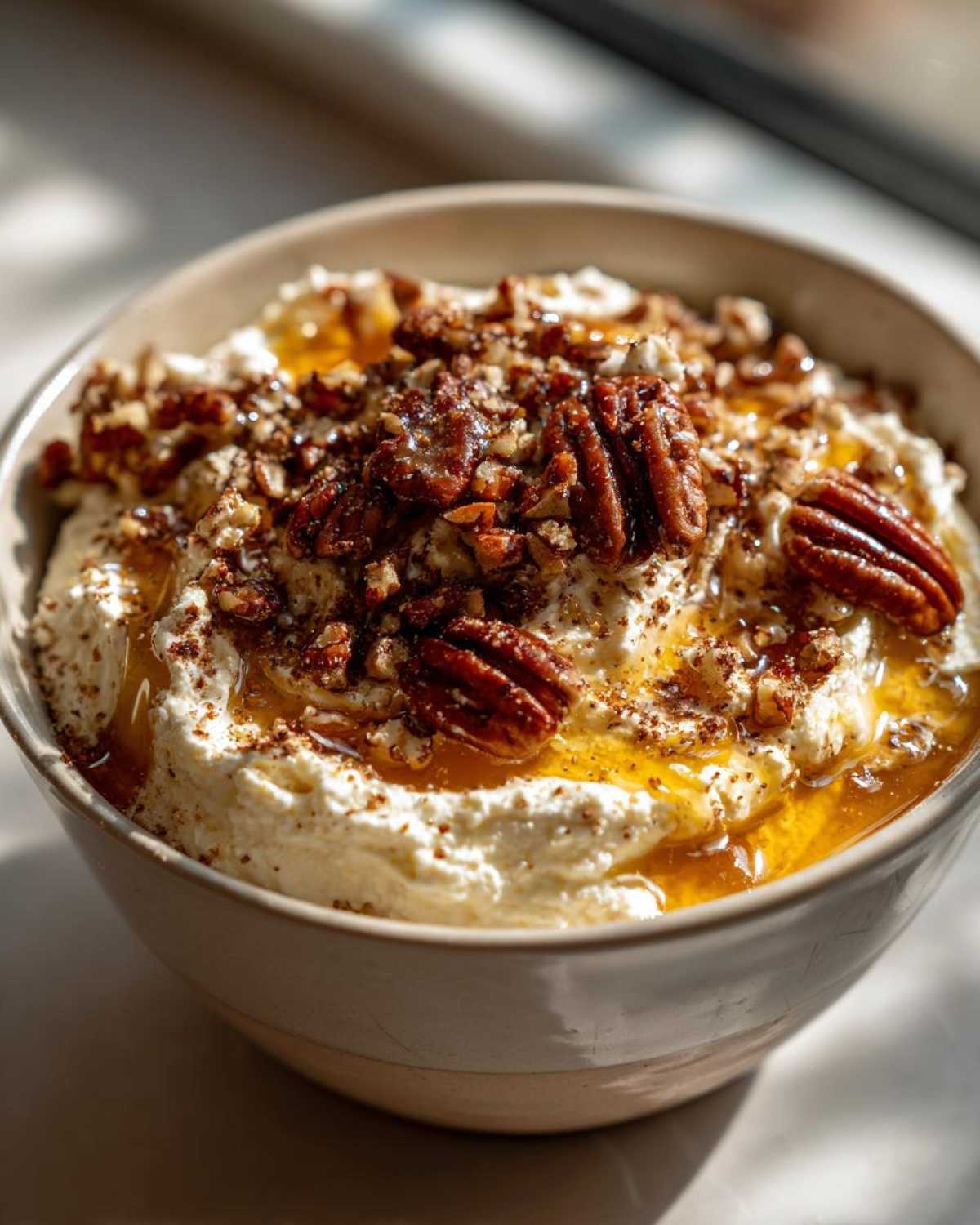 A close-up of creamy whipped goat cheese topped with chopped pecans, whole pecans, and drizzled honey.