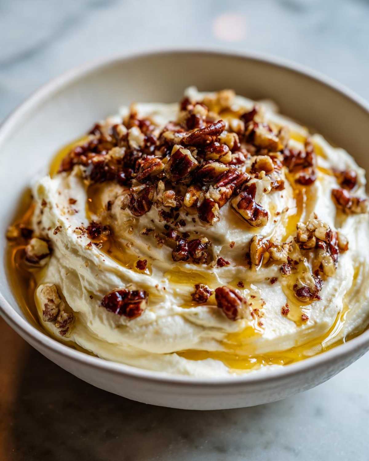 A bowl of creamy whipped goat cheese drizzled with honey and topped with chopped pecans.