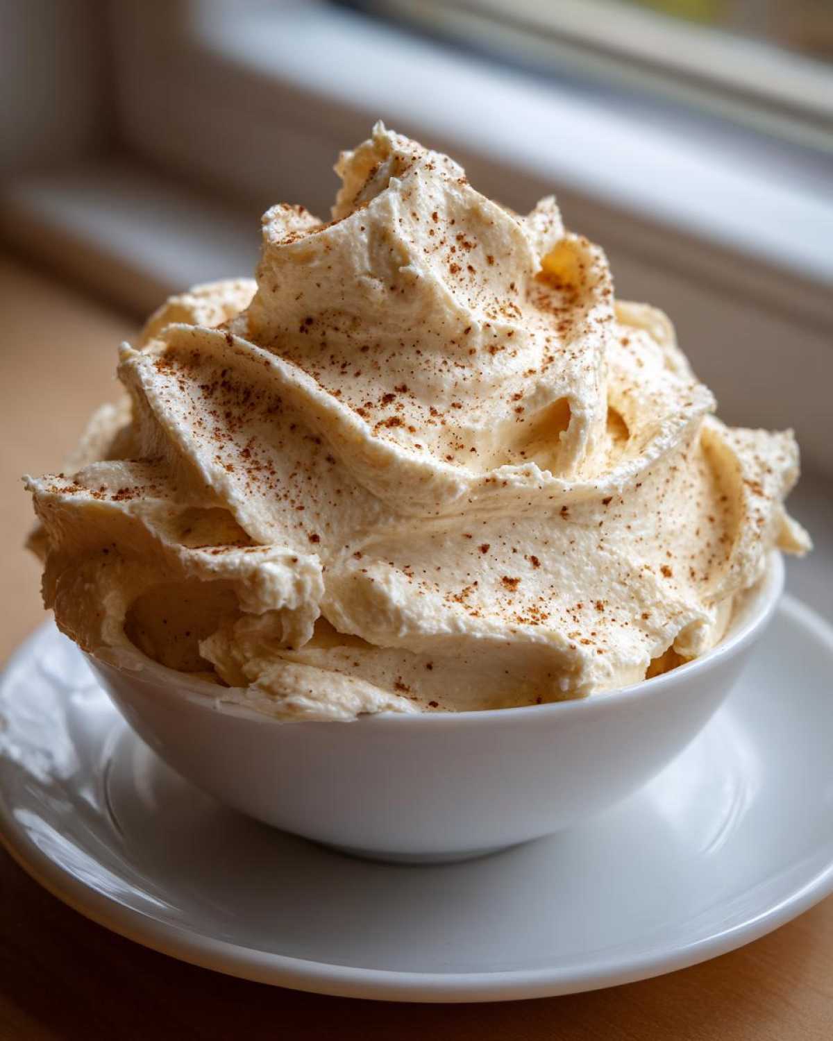 A close-up of fluffy, whipped honey butter topped with cinnamon in a small white bowl.