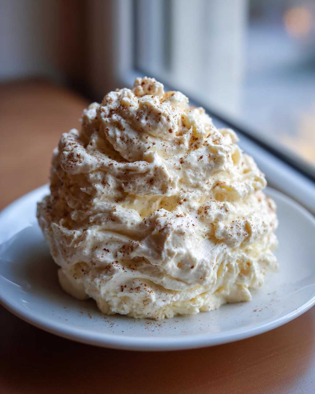A generous dollop of whipped honey butter, lightly dusted with cinnamon, served on a white plate.