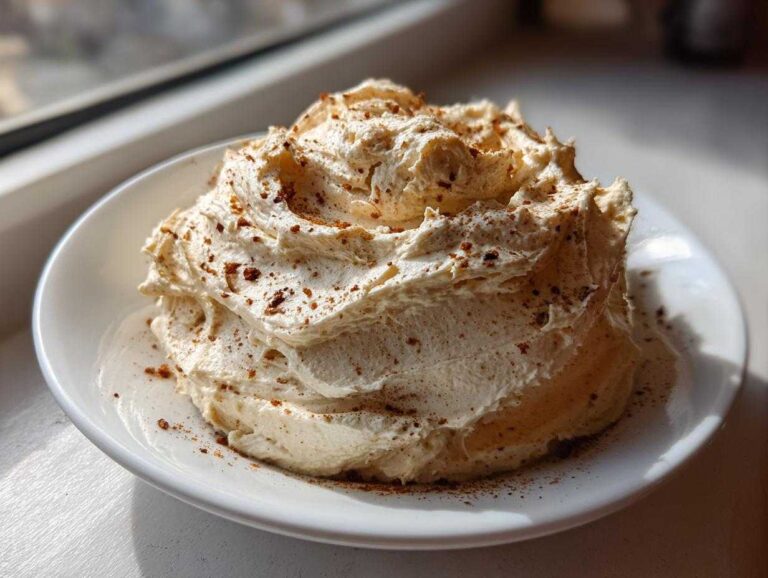 A mound of light, fluffy whipped honey butter, sprinkled with cinnamon, served in a small white bowl.