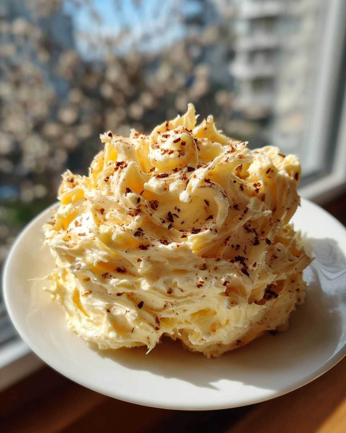 A mound of fluffy, whipped honey butter recipe, garnished with dark spice flakes, sitting on a white plate.