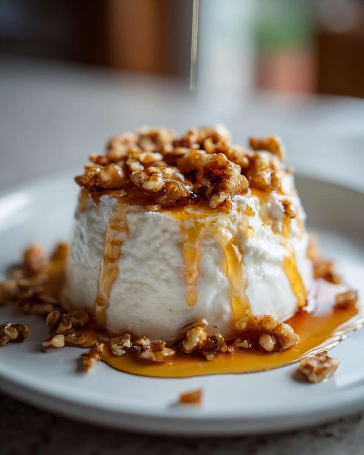 A mound of creamy whipped ricotta dip topped with candied walnuts and drizzled with honey.