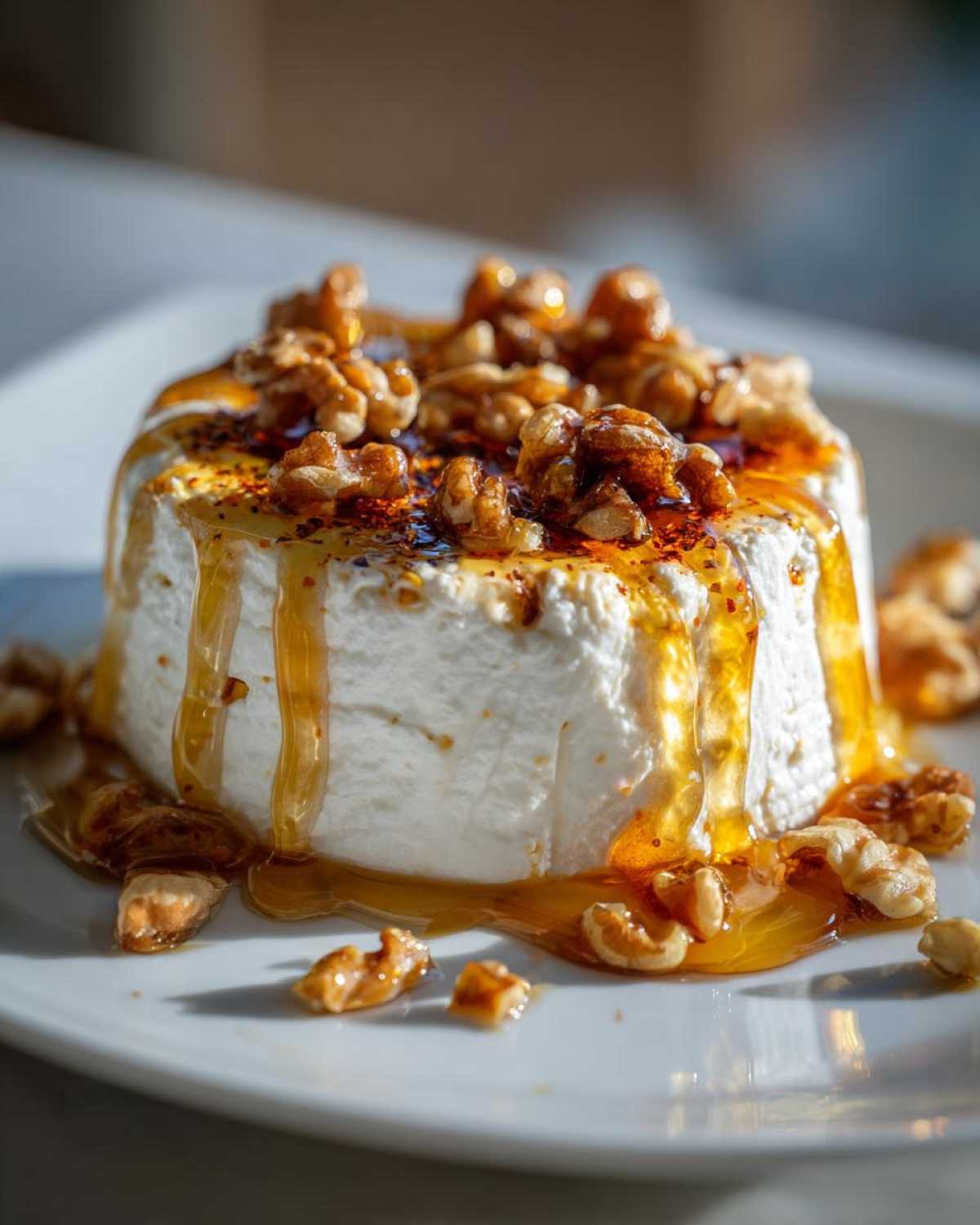 A mound of creamy whipped ricotta dip drizzled with honey and topped with walnuts and spices.