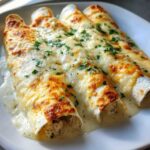 Three rolled white chicken enchiladas covered in melted, slightly browned cheese and fresh parsley.