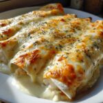 Close-up of three baked white chicken enchiladas covered in melted, bubbly cheese and herbs.