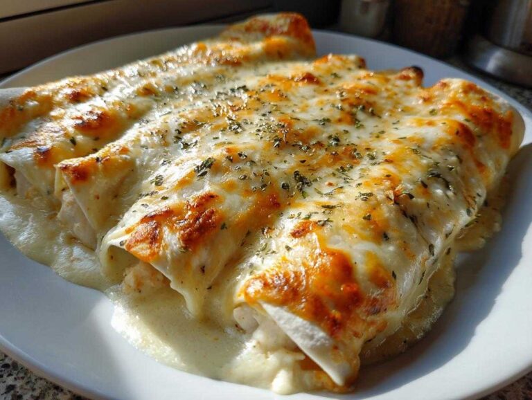 Close-up of three baked white chicken enchiladas covered in melted, bubbly cheese and herbs.