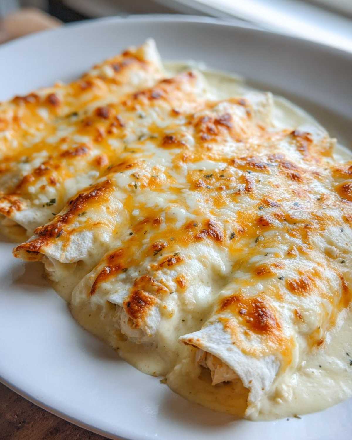 Close-up of three rolled white chicken enchiladas covered in creamy white sauce and melted, bubbly cheese.
