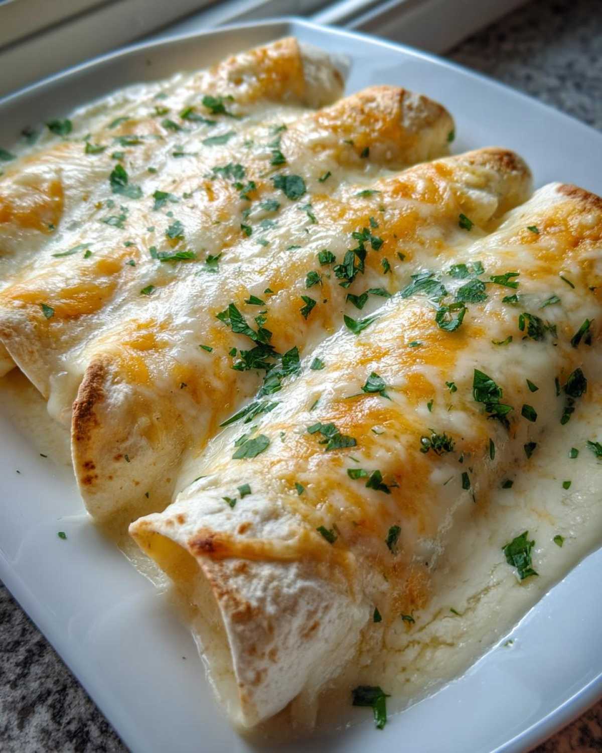 Close-up of three delicious white chicken enchiladas covered in melted white and yellow cheese and fresh parsley.