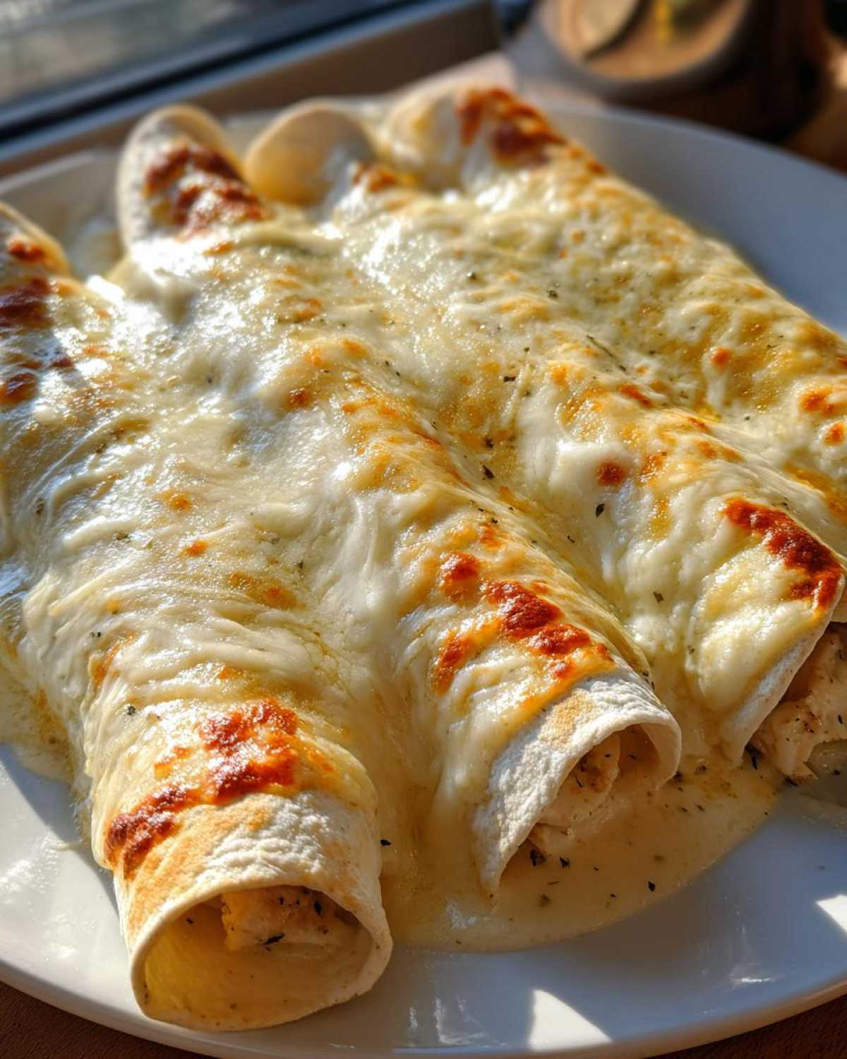 Close-up of three rolled white chicken enchiladas smothered in melted, slightly browned cheese sauce.