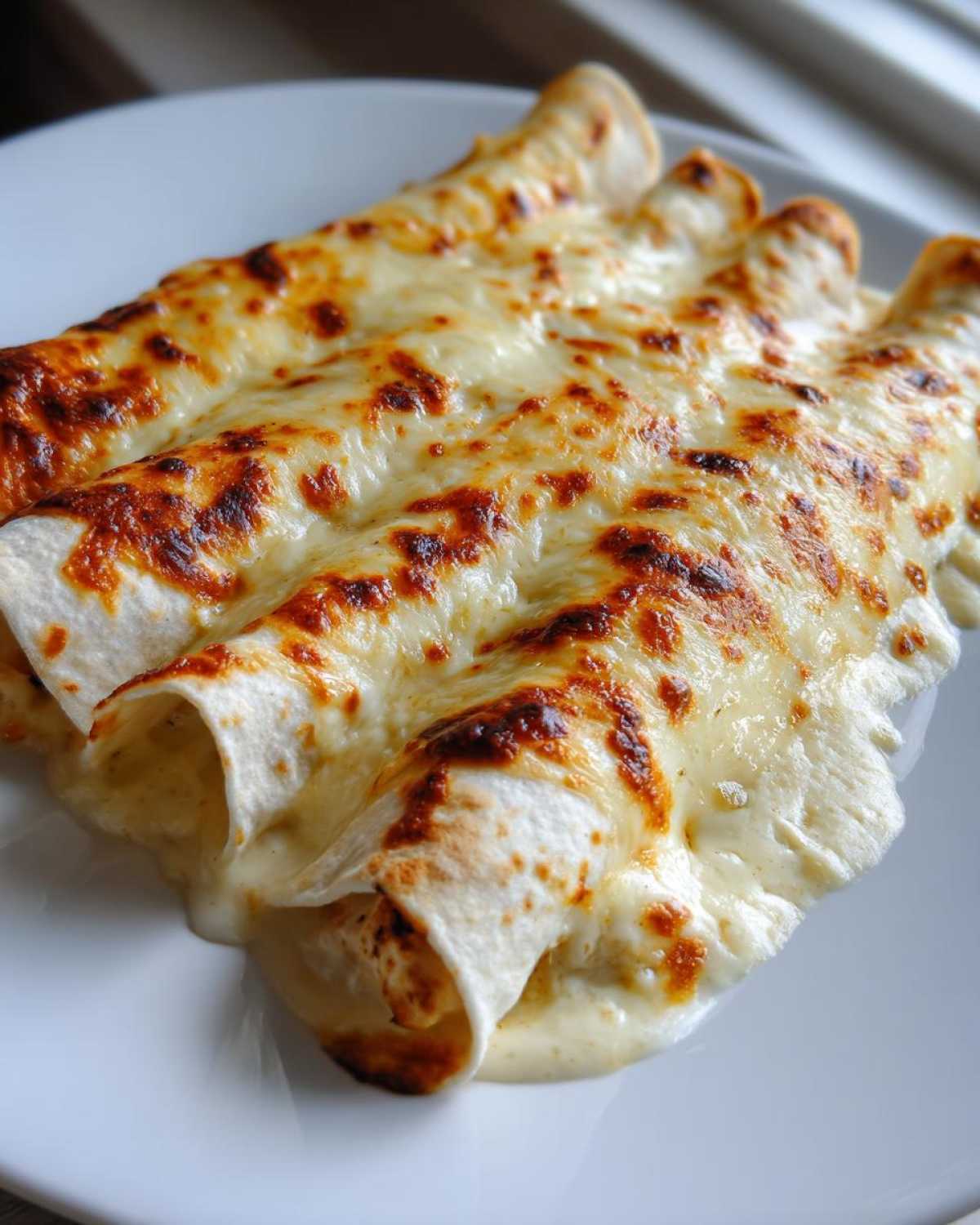 Close-up of three rolled white chicken enchiladas covered in melted, bubbly, and slightly browned white cheese sauce.
