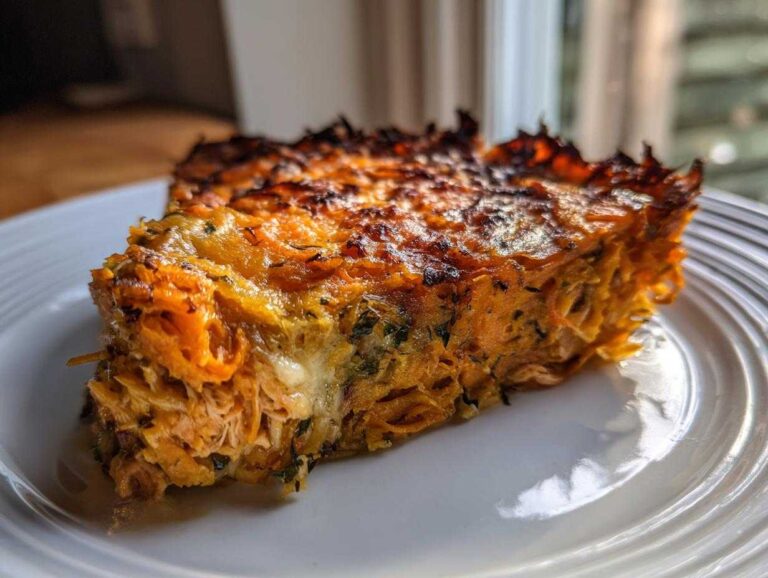 Amazing 410-Calorie Whole30 BBQ Chicken Casserole A close-up slice of Whole30 BBQ Chicken Casserole showing shredded chicken and sweet potato layers with a dark, crispy top.