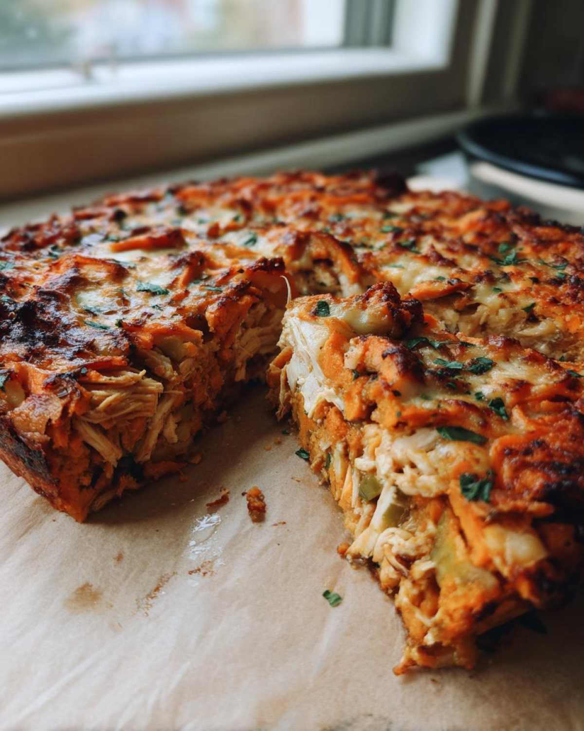 Close-up of a Whole30 BBQ Chicken Casserole with a slice removed, showing shredded chicken and sweet potato layers.