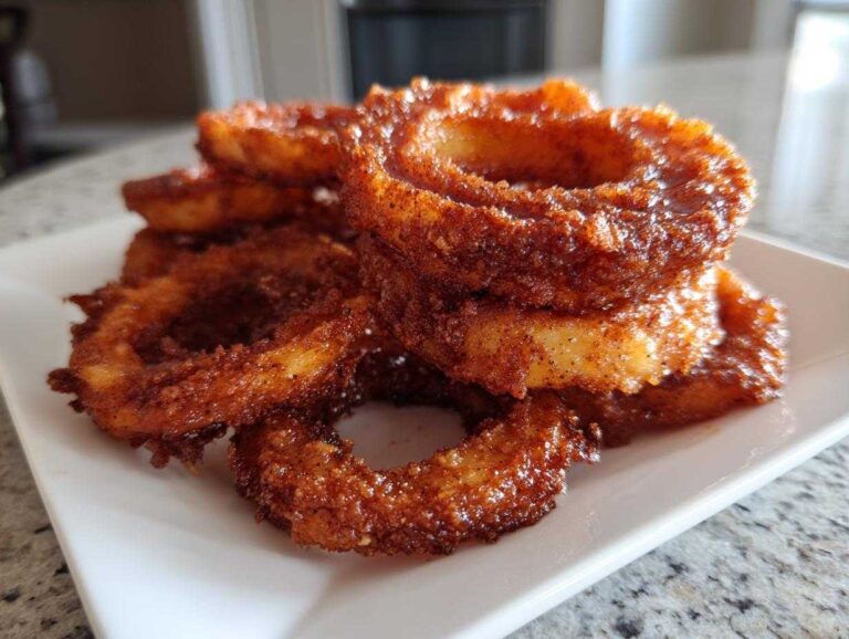 Amazing 10 Air Fryer Cinnamon Apple Rings A stack of crispy, cinnamon-sugar coated Air Fryer Cinnamon Apple Rings on a white plate.