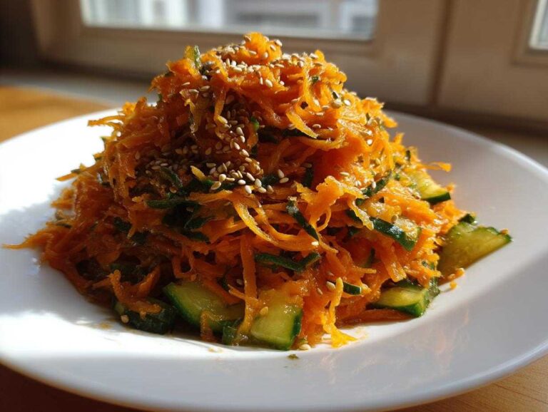 A mound of vibrant Asian Carrot Cucumber Salad made with shredded carrots and sliced cucumbers, topped with sesame seeds.