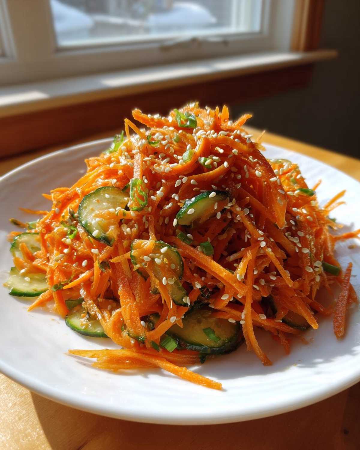 A mound of bright orange Asian Carrot Cucumber Salad, topped with sesame seeds and green onions, served on a white plate.