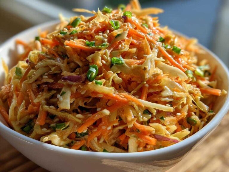 Amazing 3-Minute Asian Coleslaw With Sesame Dressing Close-up of vibrant Asian coleslaw with sesame dressing, shredded carrots, cabbage, and green onions in a white bowl.