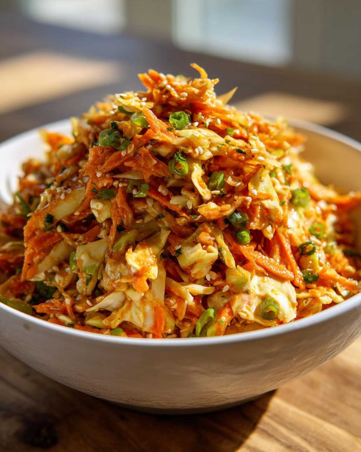 A vibrant bowl filled with Asian Coleslaw With Sesame Dressing, featuring shredded carrots, cabbage, and green onions topped with sesame seeds.