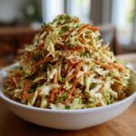 A large mound of vibrant Asian Coleslaw With Sesame Dressing, featuring shredded cabbage, carrots, and sesame seeds.