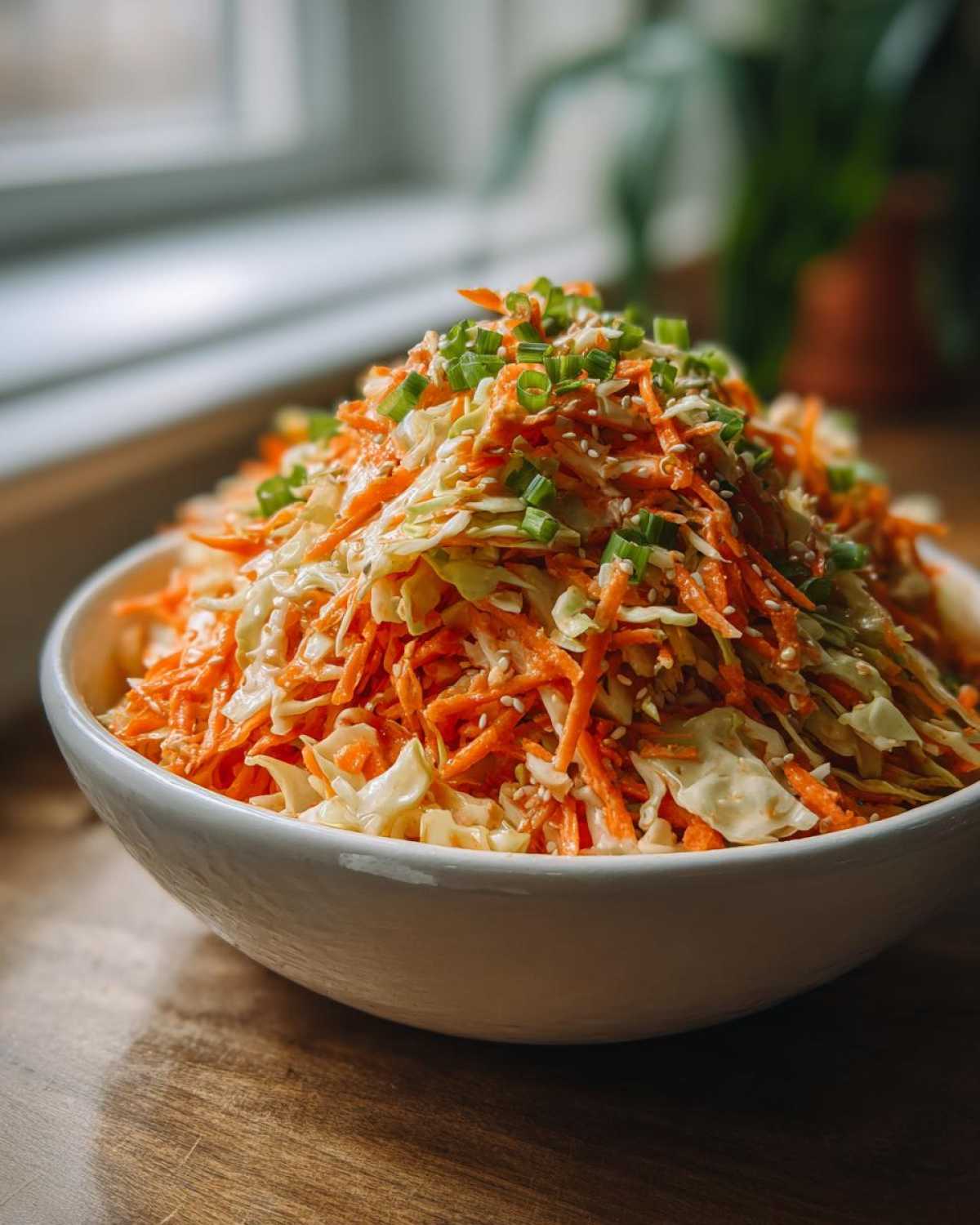 A vibrant bowl of Asian Coleslaw With Sesame Dressing, featuring shredded carrots, cabbage, and topped with green onions and sesame seeds.