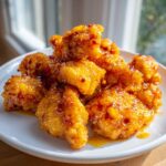 A pile of crispy, golden Asian Mango Glazed Chicken pieces coated in a shiny, sweet and spicy sauce on a white plate.