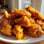 Close-up of crispy chicken pieces coated in shiny Asian Mango Glazed Chicken sauce and sprinkled with sesame seeds.