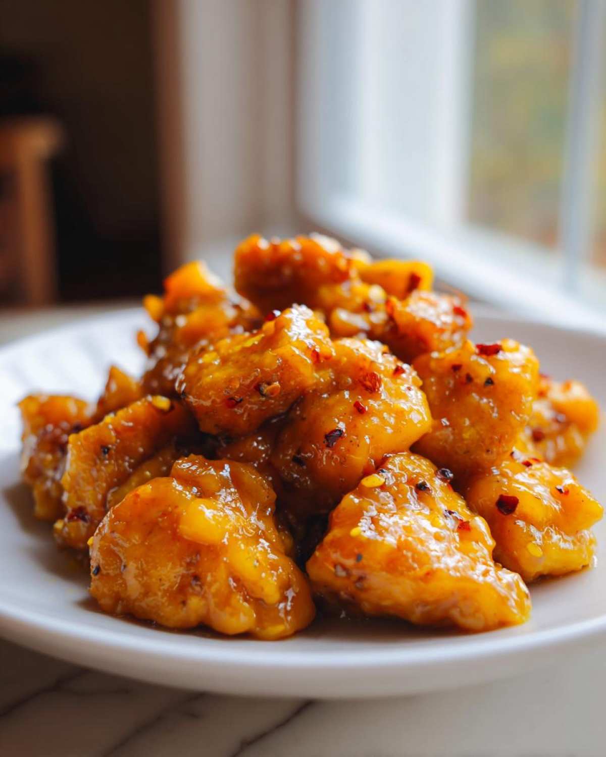 A pile of glistening Asian Mango Glazed Chicken pieces coated in a thick, orange sauce and sprinkled with red pepper flakes.