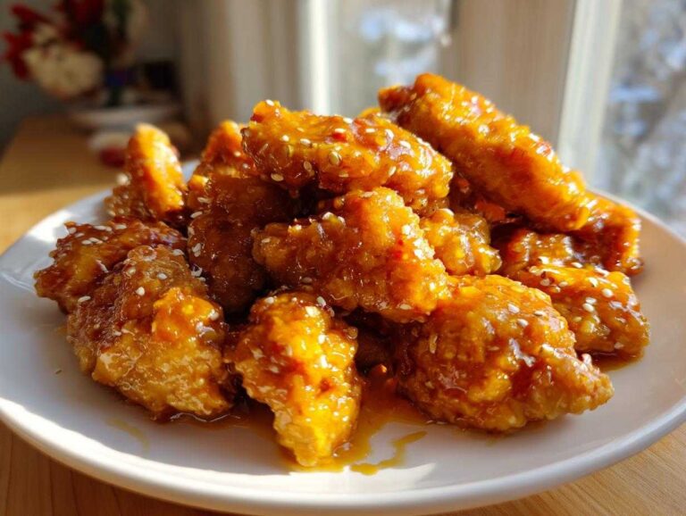 Close-up of crispy chicken pieces coated in shiny Asian Mango Glazed Chicken sauce and sprinkled with sesame seeds.